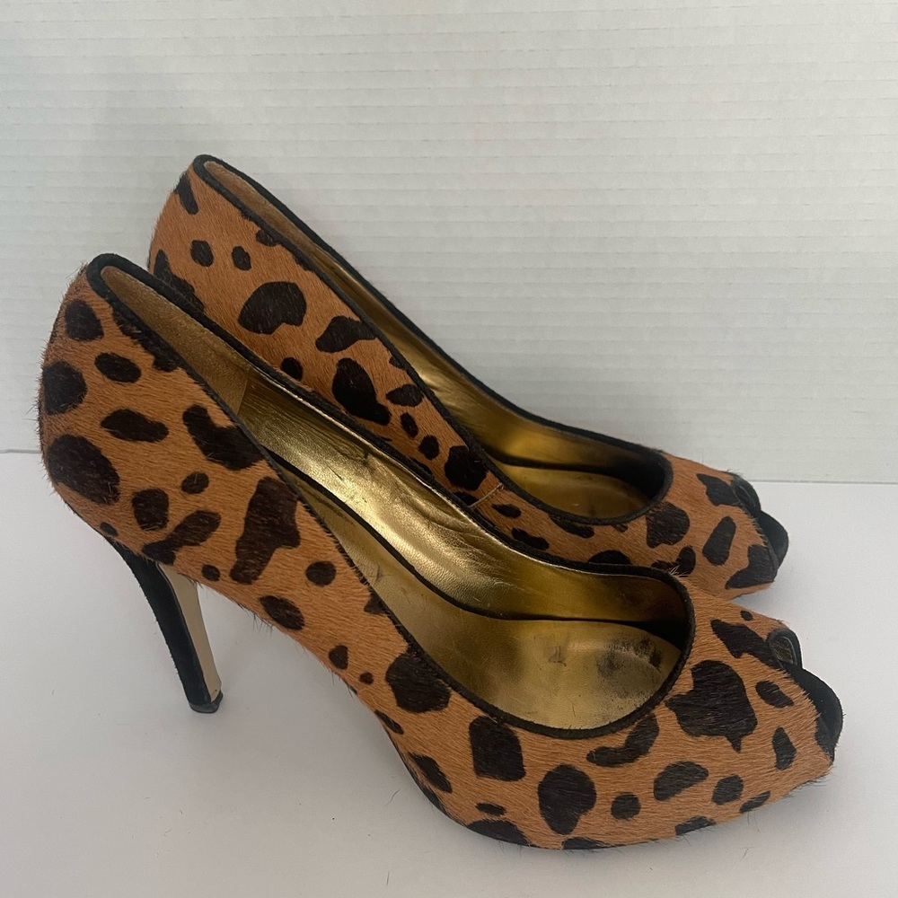 GUESS Cheetah Print Peep Toe Heels with Black Accents